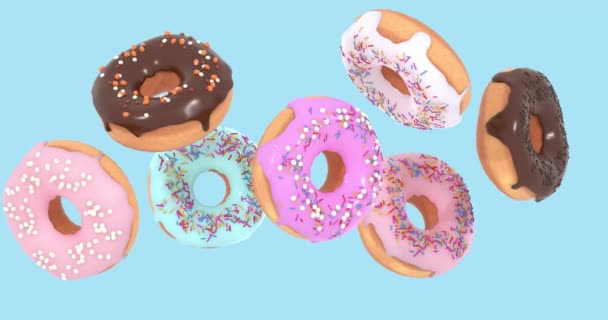 Vliegende donuts - mix van veelkleurige zoete donuts met hagelslag op blauwe achtergrond geïsoleerd. 3D-animatie — Stockvideo