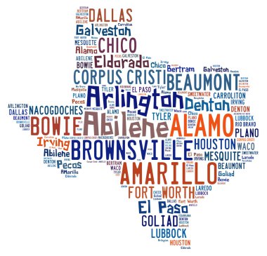 Word cloud showing the cities in Texas clipart