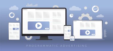 Programmatic Advertising business concept on different digital gadgets. Online advertising media block on desktop, laptop, phone, smartwatch and tablet pc. Native cross targeting marketing ad strategy clipart