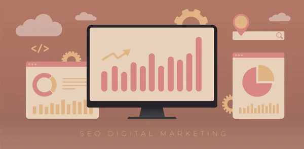 SEO Digital Marketing üzleti koncepció. Keresőmotor Eredmény oldal és rangsor optimalizálása. Internetes reklám és online közösségi média marketing horizontális banner illusztráció gráf ikonokkal — Stock Vector