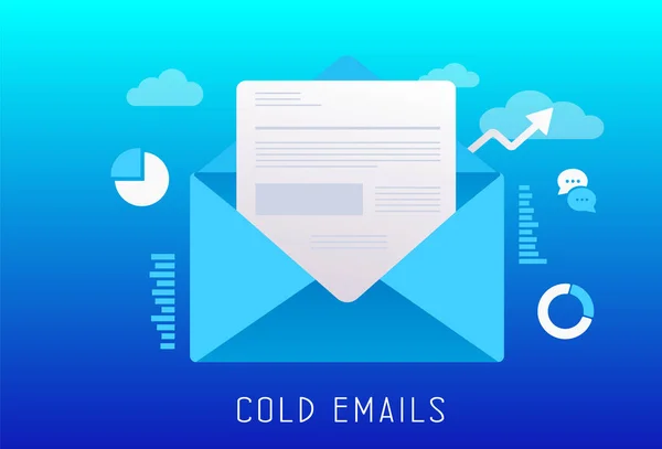 Cold Emails flat vector illustration. Unsolicited unwanted e-mail that is sent to a receiver without prior contact. Cold emailing is a subset of outbound digital email marketing — Stock Vector