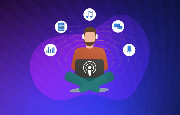 Podcast concept illustration. Man with headphones listens to the online streaming application. Podcasting Radio Services with interview, music program, talk show, financial news and audio blogs. — Stock Vector