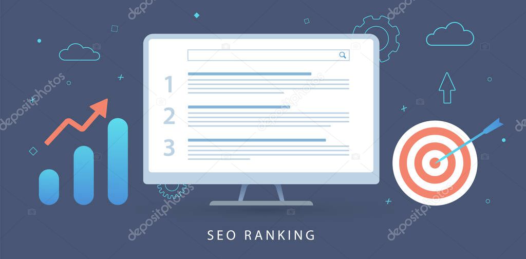 SEO Ranking, Search Engine Results Pages (SERPs) concept. Marketing Analysis Tool, Keyword research and search ranking audit report flat vector banner illustration with icons