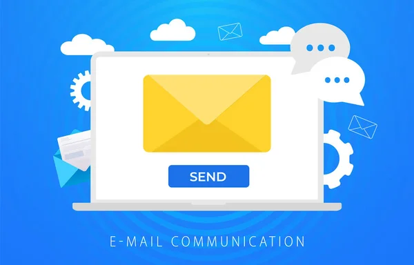 Email Communication, réception ou envoi de courrier, réception de nouvelles notifications par e-mail. Ordinateur portable avec boîte de réception avec enveloppe jaune et bouton d'envoi avec des icônes de discussion et de communication — Image vectorielle