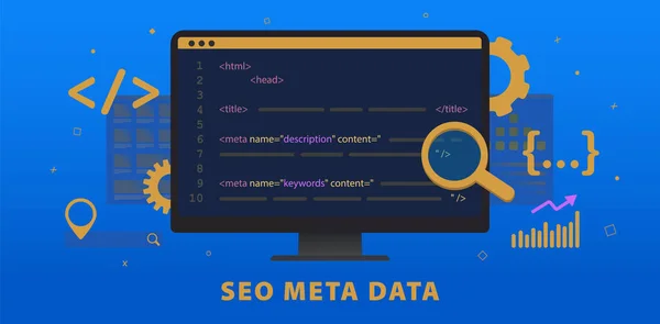 SEO Meta Data, HTTP webbplats rubrik optimering. Titeltaggar för sökmotoroptimering och metabeskrivningselement. Horisontell vektor banner illustration för rubrik med hypertext kodfönster — Stock vektor