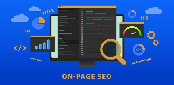 On-page SEO (Search Engine Optimization) website vector banner concept. Změna názvu, popisu, meta tagů, h1, titulků a klíčových slov. Webový vývoj pro lepší hodnocení ve vyhledávačích — Stockový vektor