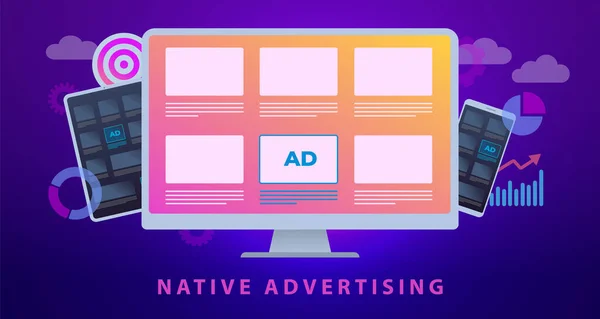 Native Advertising, Digital Marketing Business concept illustratie. Programmatische cross targeting online advertentie marketing strategie. Reclame banner blok netjes geïntegreerd in de website ontwerp — Stockvector