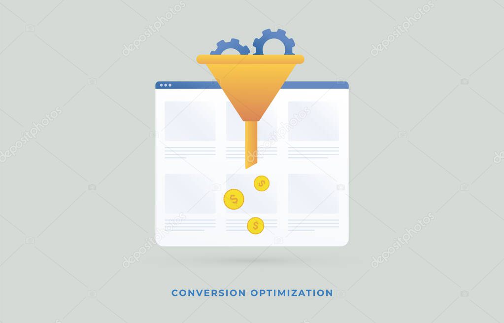 Conversion Optimization flat vector illustration. Business revenue growth and Internet marketing concept with sales funnel and coins icon. Conversion rate management