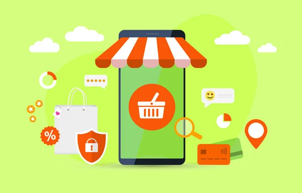 Online-Shopping im Webshop oder Internet-Webshop mit Smartphone. Digitales E-Commerce-Shopping mit Bestellung, sicherer Kartenzahlung, Lieferung nach Hause und zufriedenem Feedback. Mobiles Marketing, E-Marketing-Konzept — Stockvektor