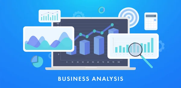 Business Analysis Financiële gegevens concept illustratie. Gegevensstatistieken en Analyse Business Accounting. Finance Marketing Dashboard Graphics op het laptopscherm met grafieken, grafieken, diagram — Stockvector