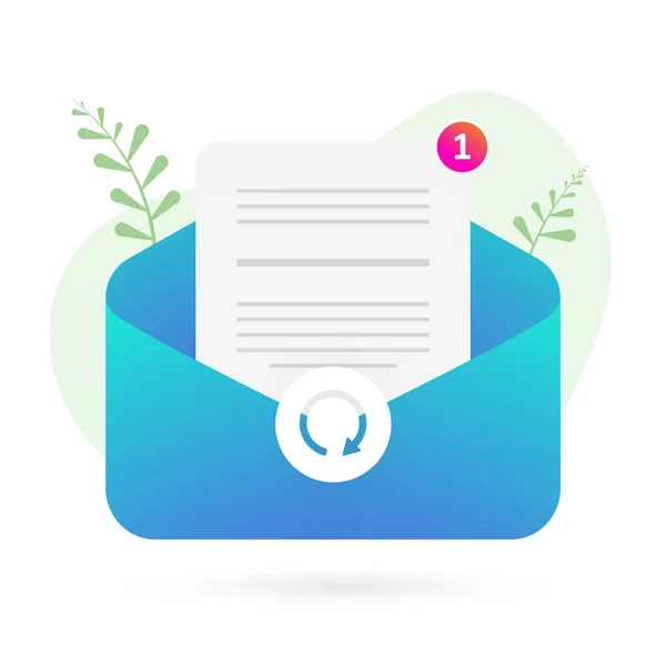 Newsletter Email Assinatura conceito de ícone de design plano moderno. E-mail marketing para assinantes, isolado em fundo branco. Envelope de correio com documento e nova notificação de mensagem eletrônica — Vetor de Stock