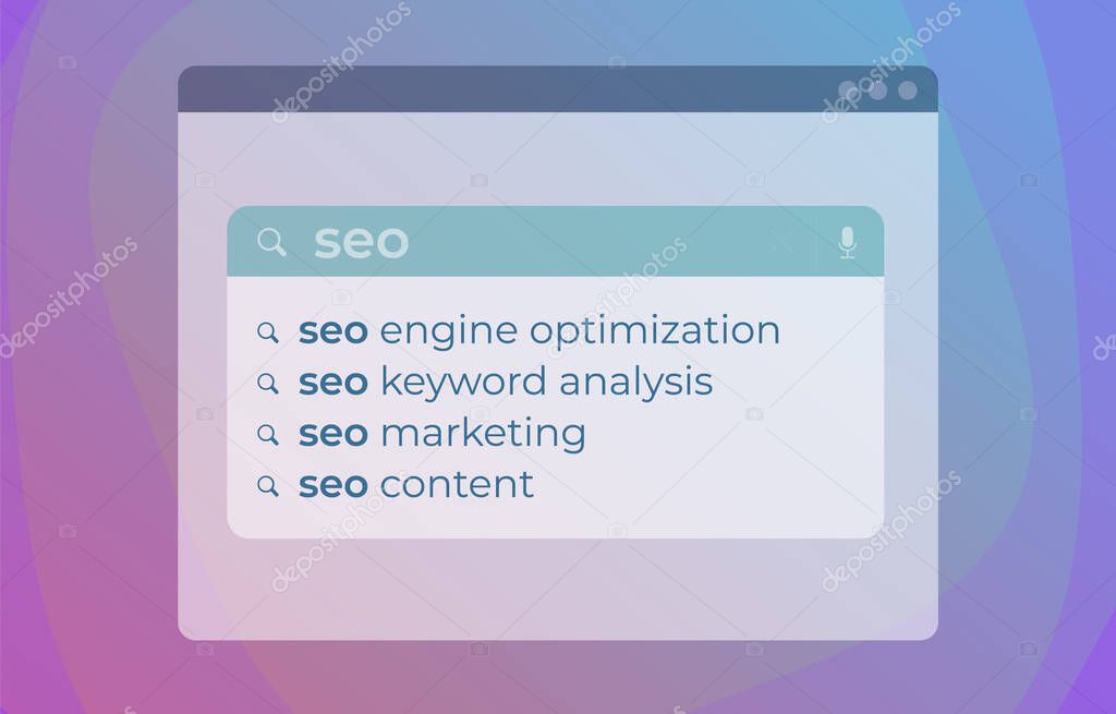 SEO Autocomplete Search Web Suggestions modern vector concept. Website searching bar with Search Engine Optimization Marketing, keyword analysis, and website seo content ranking tips
