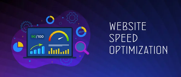 Website Page Speed Optimization concept. Laptop with high values point accelerometer. Web site Loading Time image for digital internet SEO marketing. Header and footer banner vector template — Vector de stock
