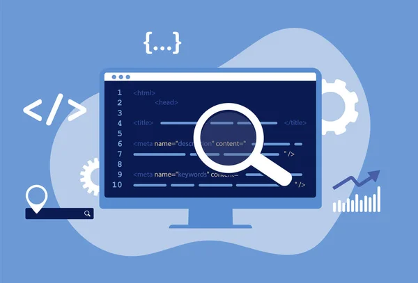 SEO Meta Data Optimization Concept. Vektorová ilustrace s kódem hypertextu v modré barvě. HTTP Website Header Optimalizace pro vyhledávače Titulní značky a prvky popisu metadat. — Stockový vektor