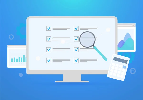 Resumen del informe de la encuesta Concepto de resultados. Para hacer la lista de papel nota de negocios, cuestionario de Internet, formulario de encuesta, lupa y gráficos iconos. Formulario de lista de verificación Cuestionario de examen en línea — Archivo Imágenes Vectoriales