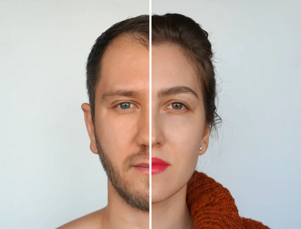 Коллаж половины лица портреты молодой женщины и мужчины. — стоковое фото