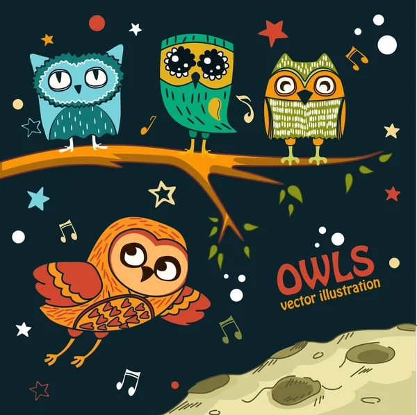 Collection of owls in the night — Stock Vector