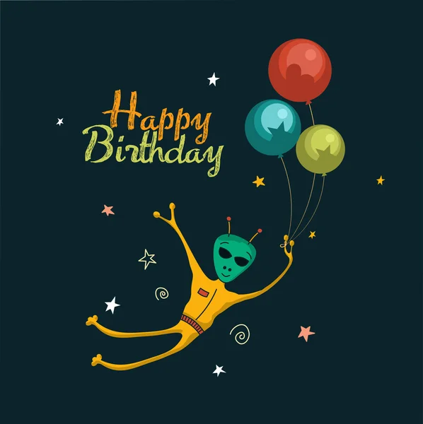 Birthday card with alien balloons — Stock Vector