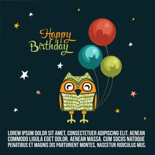 Birthday card with owl and balloons — Stock Vector