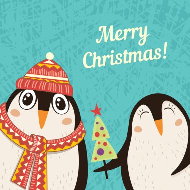 Penguenler ile Noel tebrik kartı