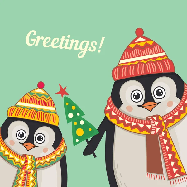 Biglietto di auguri natalizio con pinguini — Vettoriale Stock