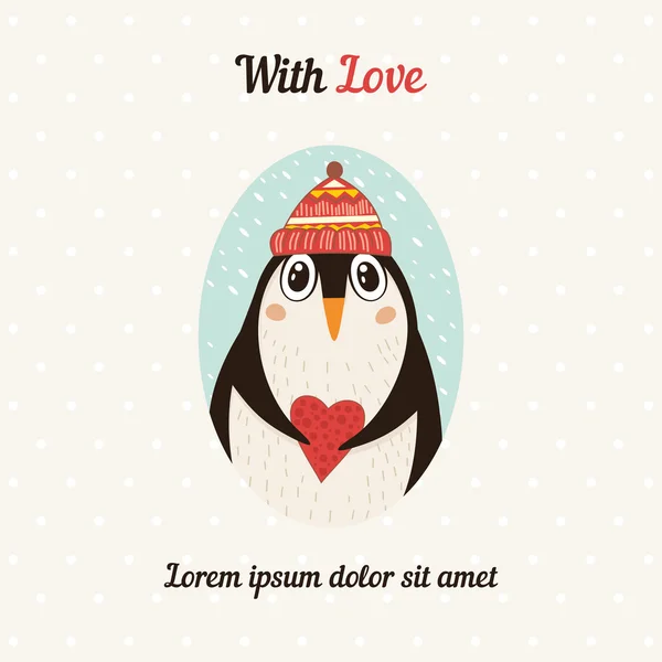 Lindo pingüino con corazón — Vector de stock