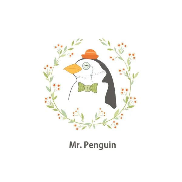 Penguin in a hat with a monocle — Stock Vector