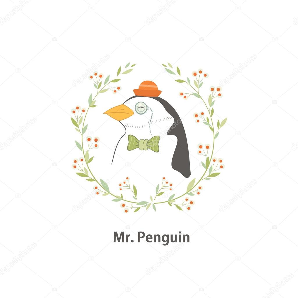 Penguin in a hat with a monocle