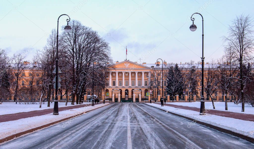 Saint Petersburg, Russia - January 16, 2021: Saint Petersburg administration building Smolny institute at night.