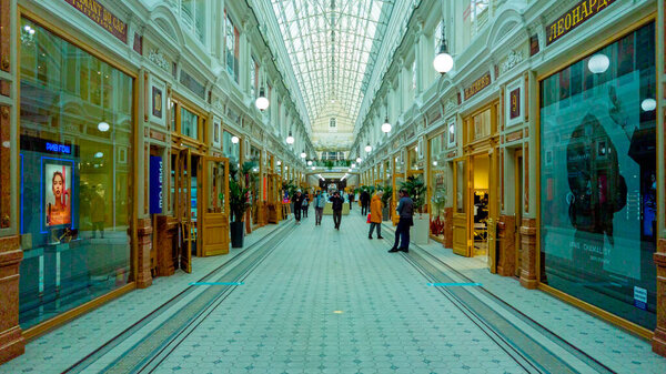 St. Petersburg, Russia - February 10, 2021: Interior of St. Petersburg Passage - shopping arcade gallery on Nevsky Prospekt 