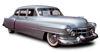 Klasik Amerikan Vintage arabası 1950 Cadillac Limuzin beyaz arka planda izole. 