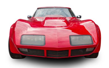 Klasik Amerikan klasik spor arabası 1977 Chevrolet Corvette Stingrey beyaz arka planda izole edildi. Ön görünüm.