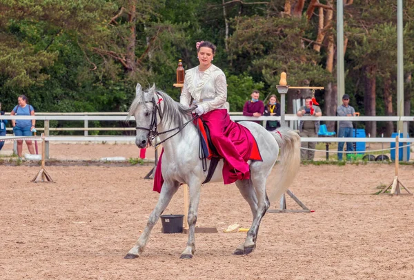 Kuban Cossack Girl Horse Performing Tricks Open Air Xxii International — Stock Photo, Image