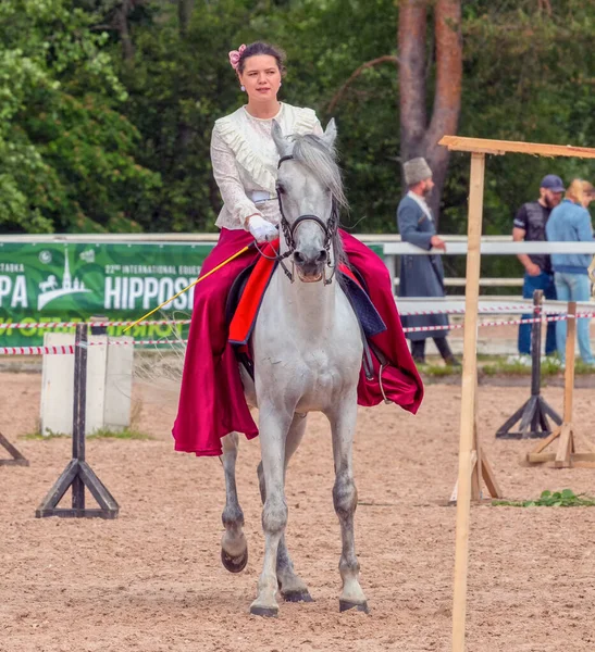Kuban Cossack Girl Horse Performing Tricks Open Air Xxii International — Stock Photo, Image