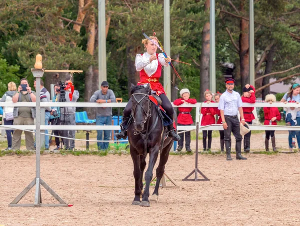 Kuban Cossack Girl Horse Performing Tricks Open Air Xxii International — Stock Photo, Image