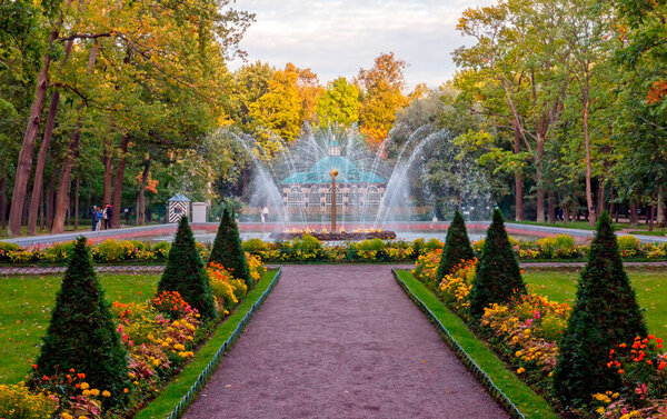 Sun fountain in Peterhof lower park, Saint Petersburg, Russia. September 6, 2021.