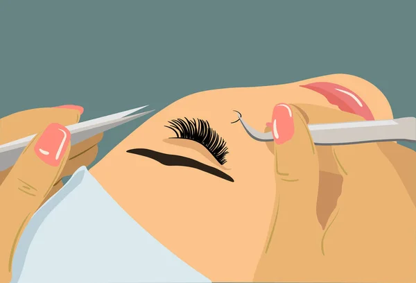 Wimpernverlängerung. Verfahren zur Verlängerung der Wimpern. Meisterpinzetten fügen dem Klienten die falschen oder gefälschten Flimmerhärchen hinzu. Illustration eines Aktienvektors — Stockvektor