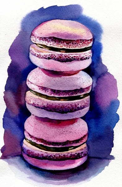 Trois pâtisseries macarons violet rose peintes à la main à l'aquarelle — Photo