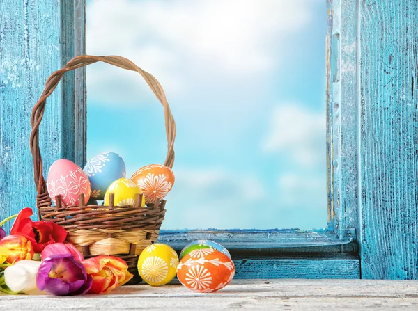 Easter still life decoration with rustic window — Stock Photo, Image