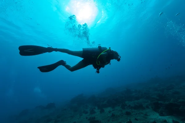 Female scuba diver silhouette underwater — Stock Photo, Image