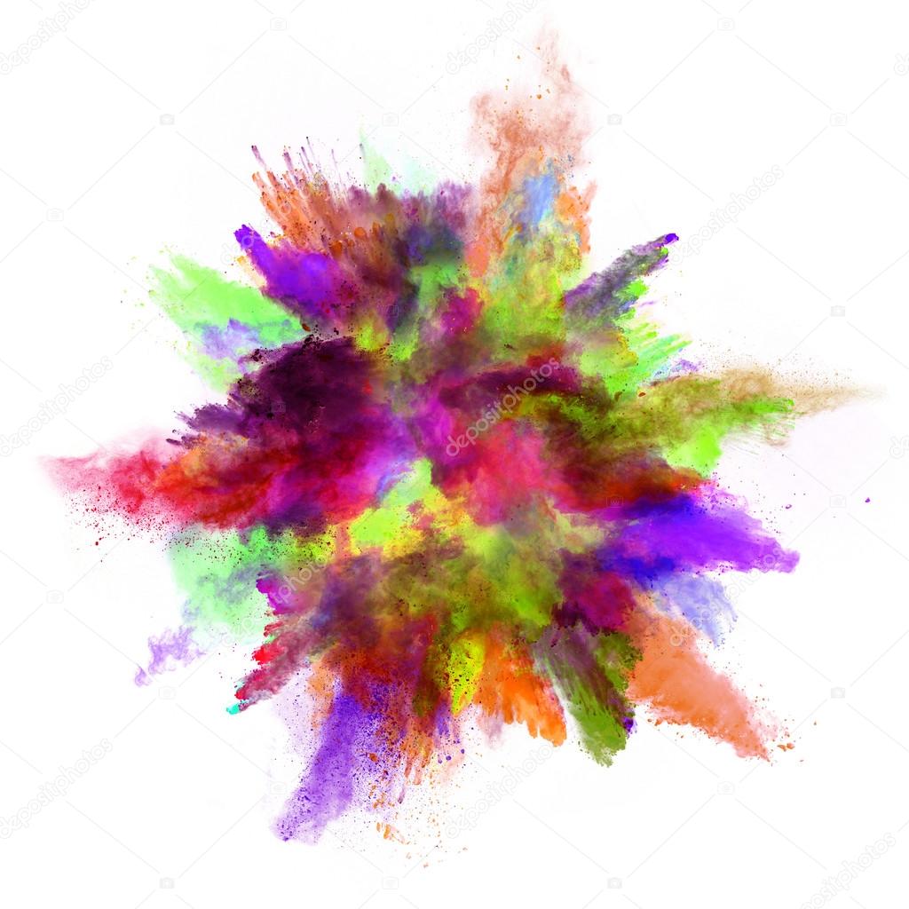 Explosion of colored powder on white background