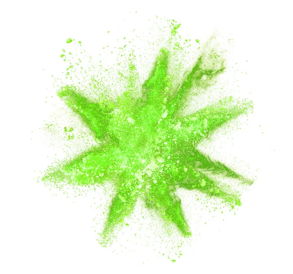 Explosion von grünem Pulver auf weißem Hintergrund — Stockfoto