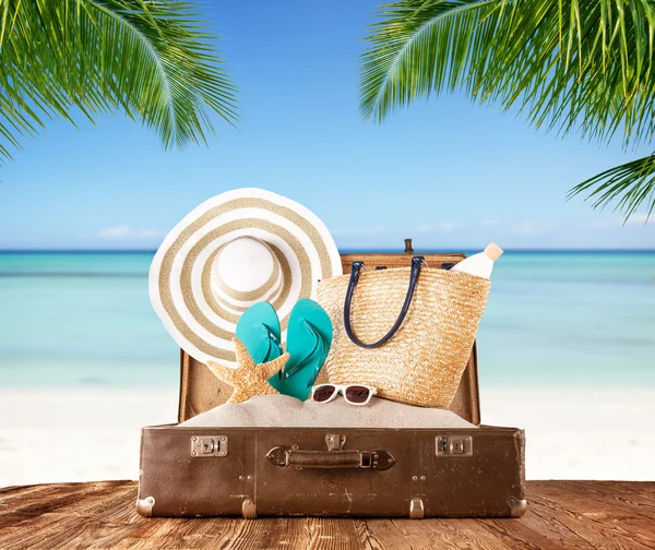 Old suitcase on tropical beach, travel concept — Stock Photo, Image