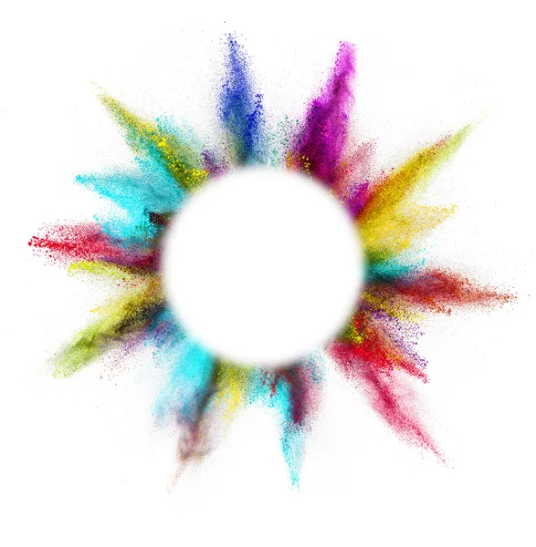 Explosion von farbigem Puder auf weißem Hintergrund — Stockfoto