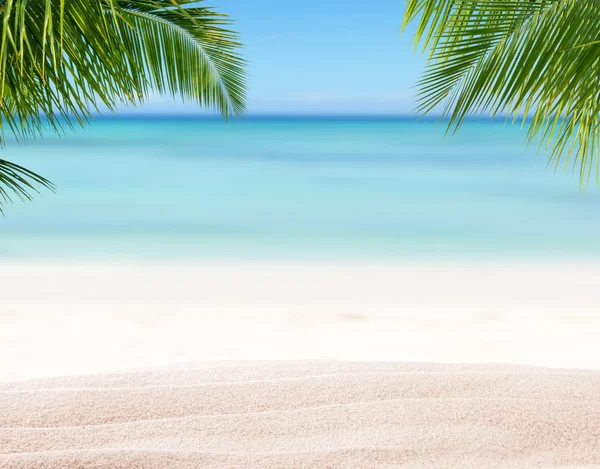 Spiaggia di sabbia estiva con oceano sfocato sullo sfondo — Foto Stock