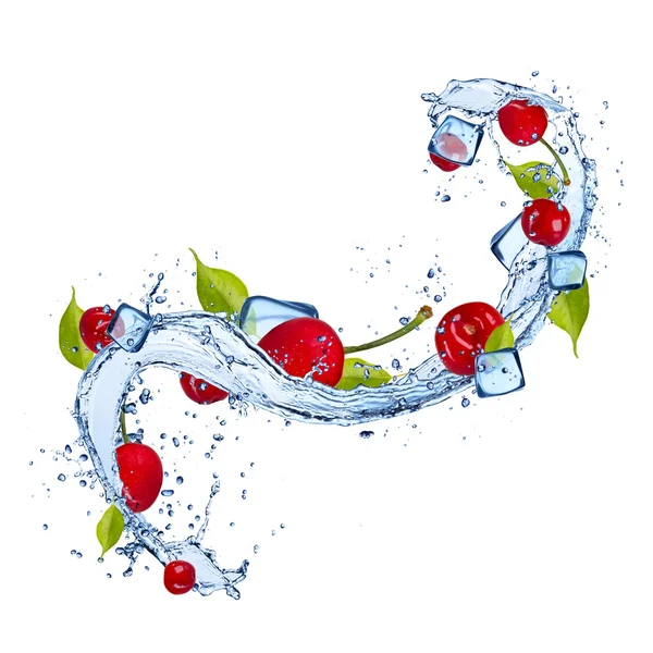 Cherries in water splash on white background — Stock Photo, Image