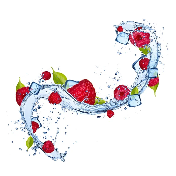 Raspberries in water splash on white background — Stock Photo, Image