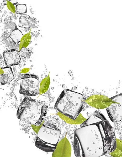 Ice cubes with water splashes on white background — Stock Photo, Image