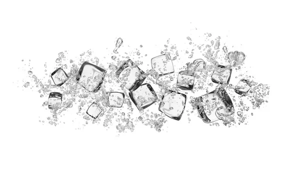 Кубики льда с брызгами воды на белом фоне — стоковое фото