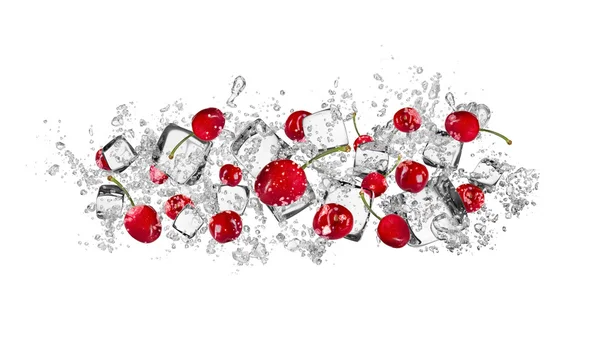 Cherries in water splash on white background — Stock Photo, Image